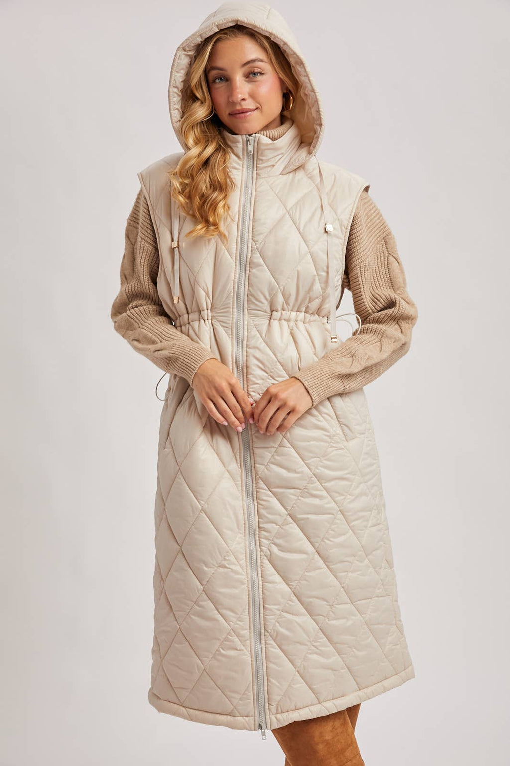 DIAMOND QUIT PUFFER LONG-LINE HOODED VEST