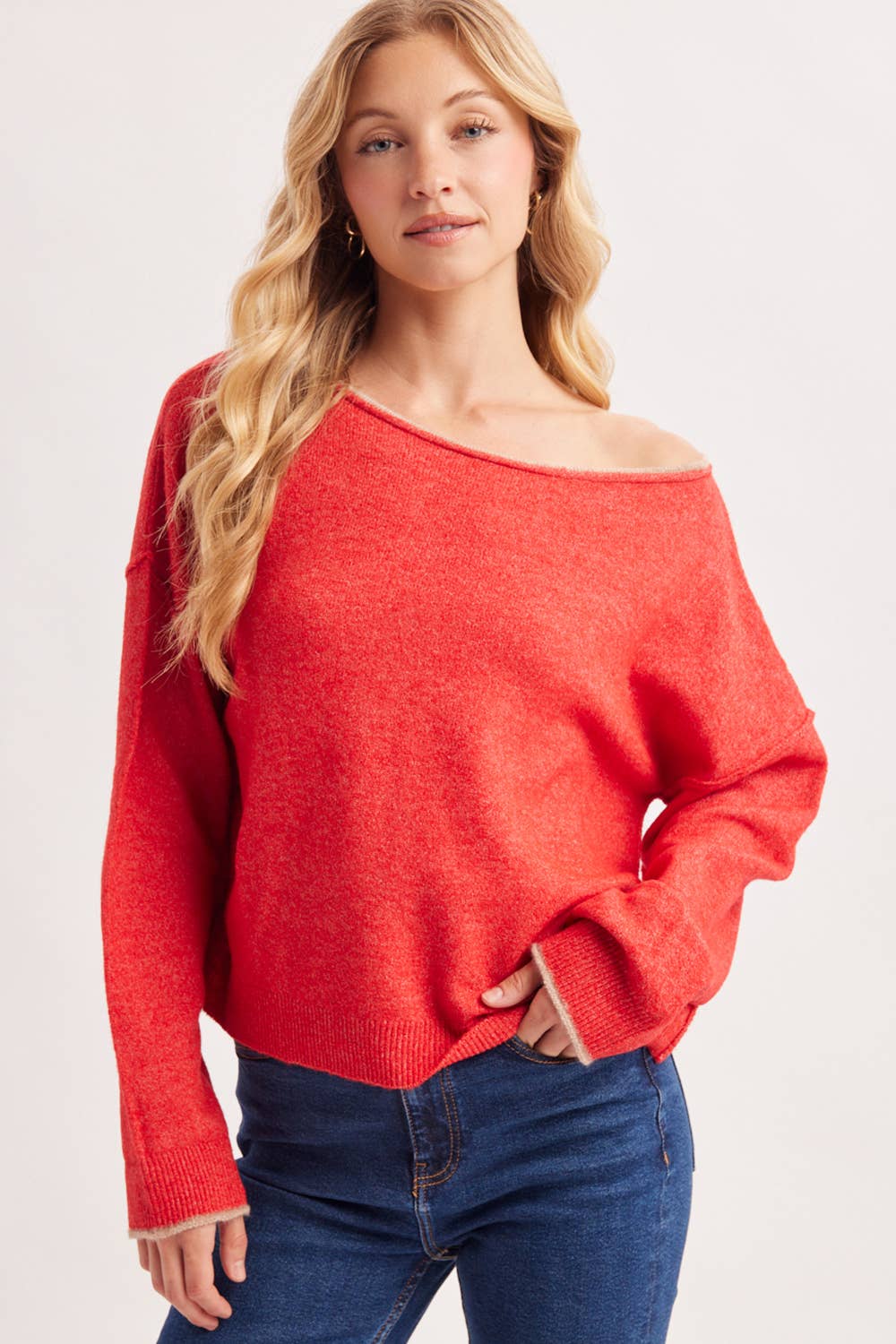 BOAT NECK ROLLED TRIM SOFT HEATHERED KNIT PULLOVER