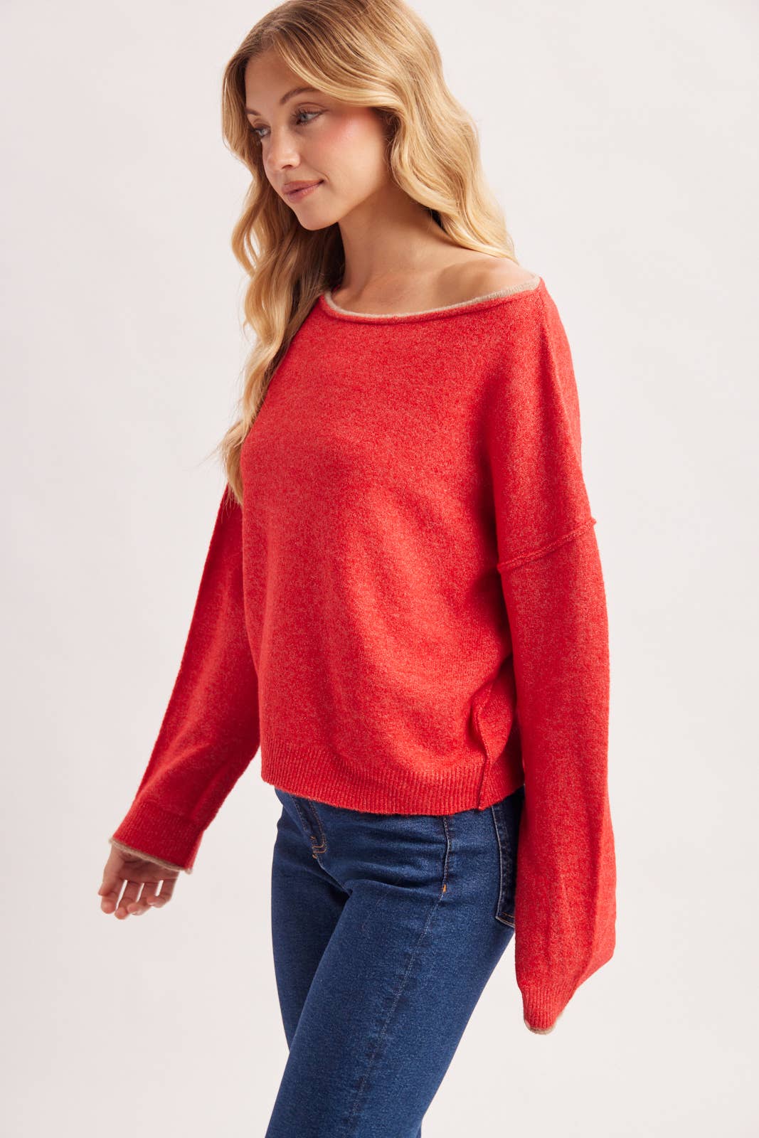 BOAT NECK ROLLED TRIM SOFT HEATHERED KNIT PULLOVER