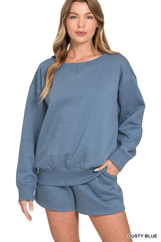 Fleece Boat Neck Sweatshirts & Shorts 2pcs Set GREY SET