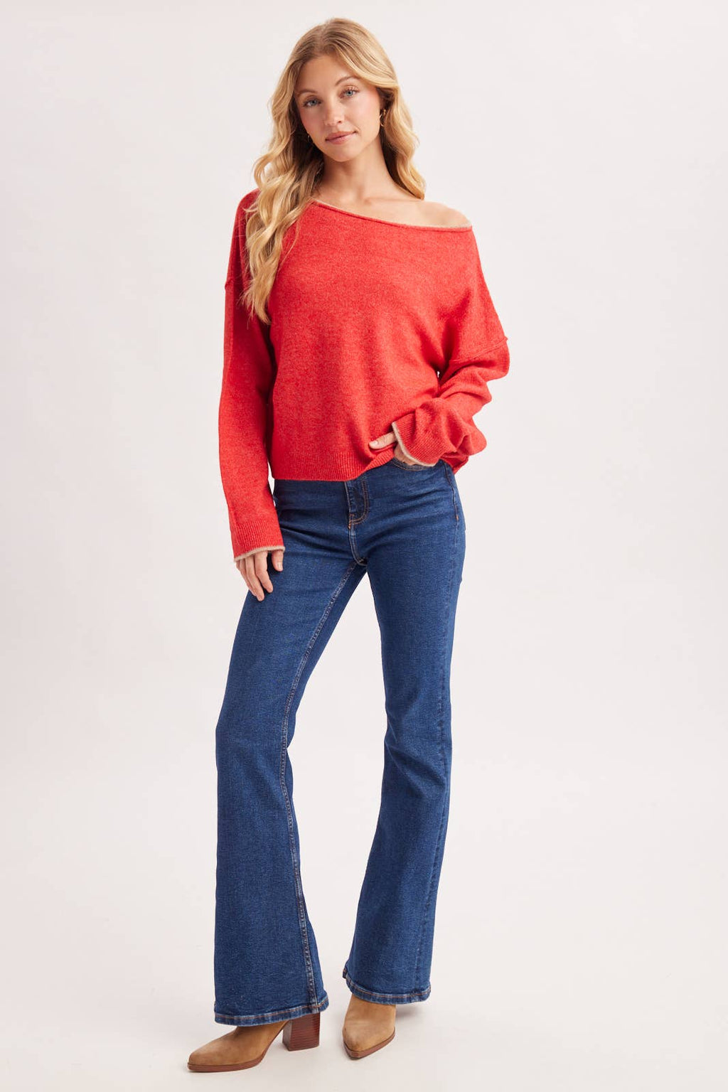 BOAT NECK ROLLED TRIM SOFT HEATHERED KNIT PULLOVER