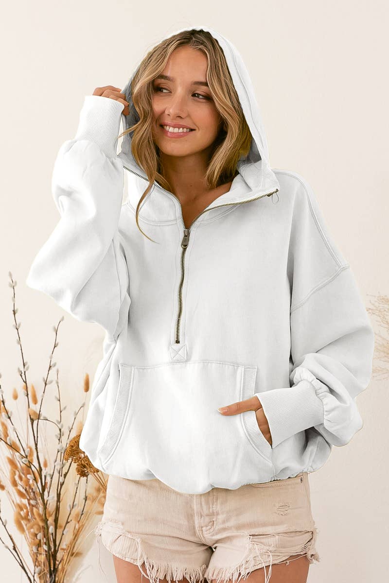 STITCH DETAILED ELASTIC HEM HALF ZIP FLEECE HOODIE