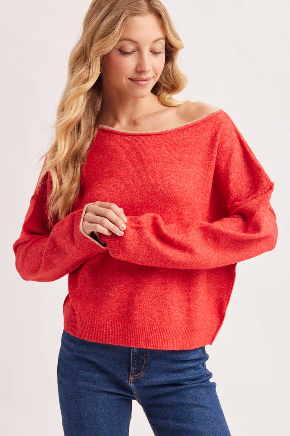 BOAT NECK ROLLED TRIM SOFT HEATHERED KNIT PULLOVER