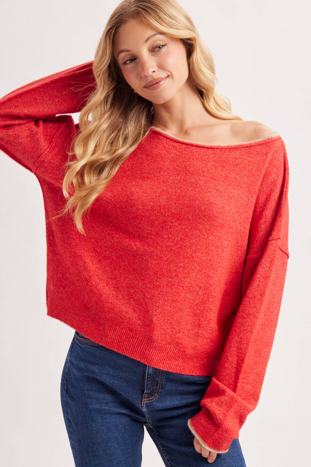 BOAT NECK ROLLED TRIM SOFT HEATHERED KNIT PULLOVER
