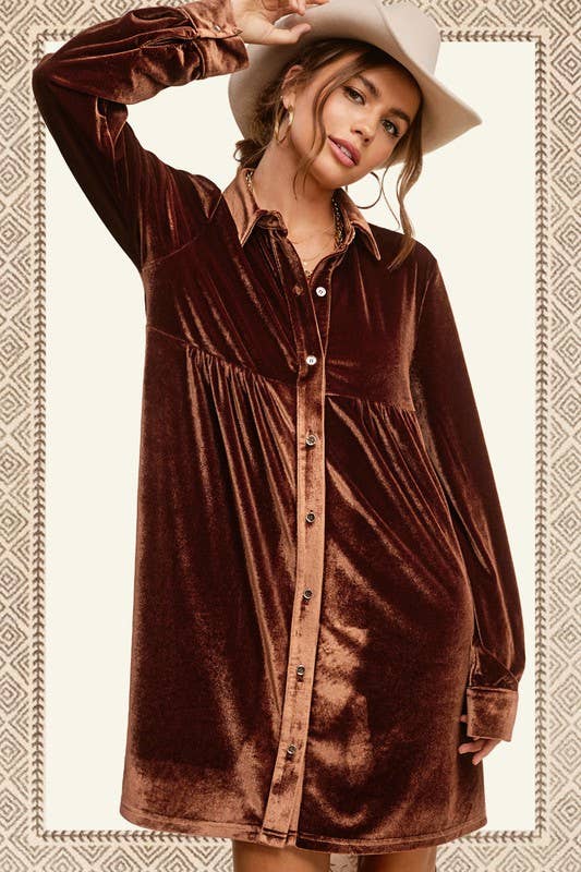 Soft Velvety Button Down Collar Fall Dress Halloween