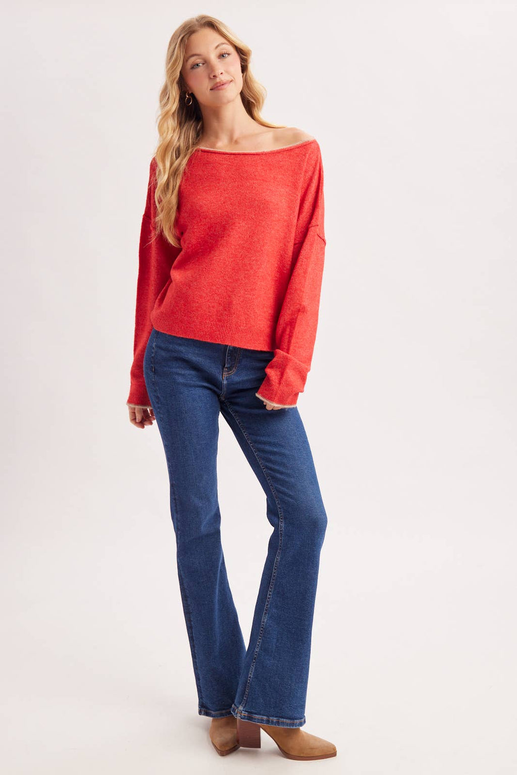 BOAT NECK ROLLED TRIM SOFT HEATHERED KNIT PULLOVER