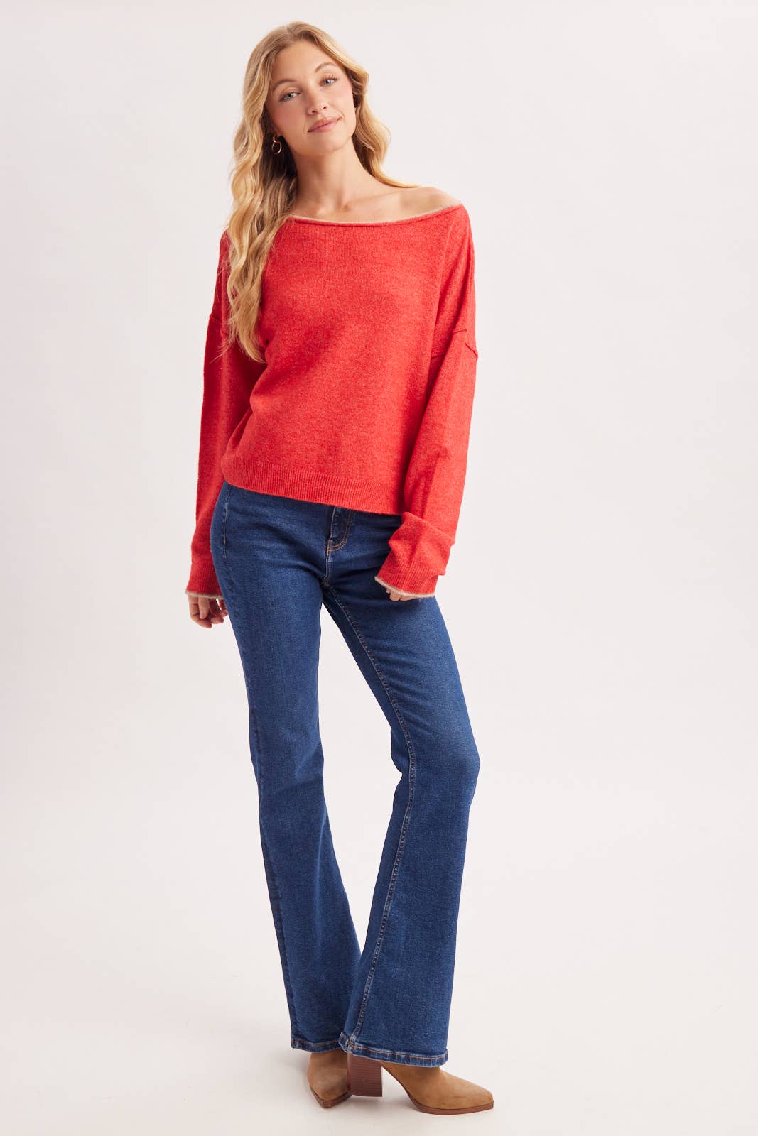 BOAT NECK ROLLED TRIM SOFT HEATHERED KNIT PULLOVER