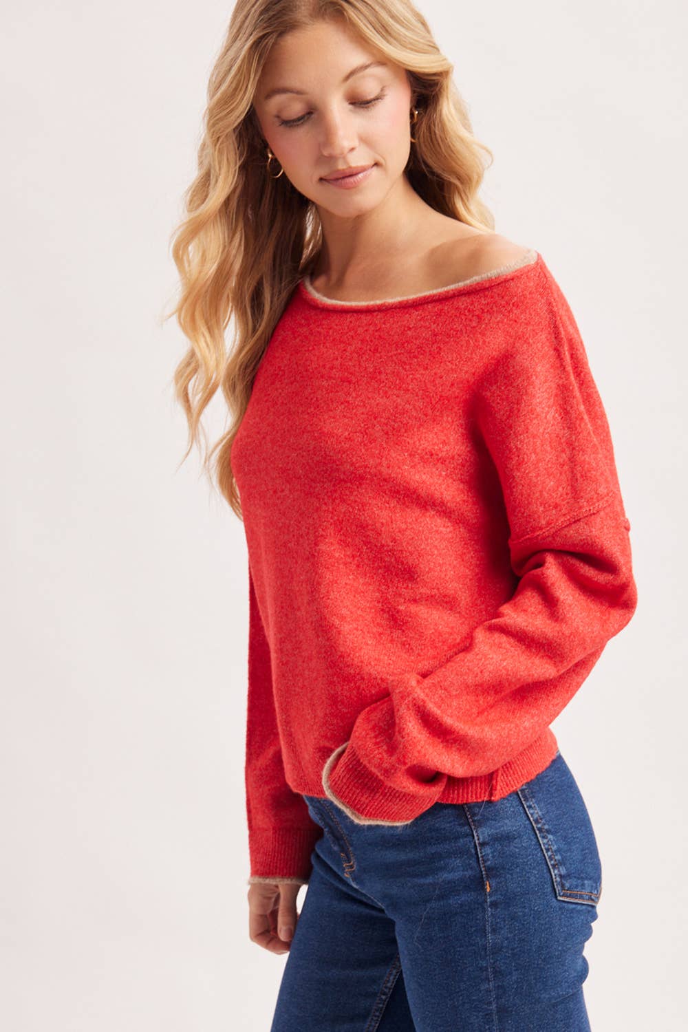 BOAT NECK ROLLED TRIM SOFT HEATHERED KNIT PULLOVER