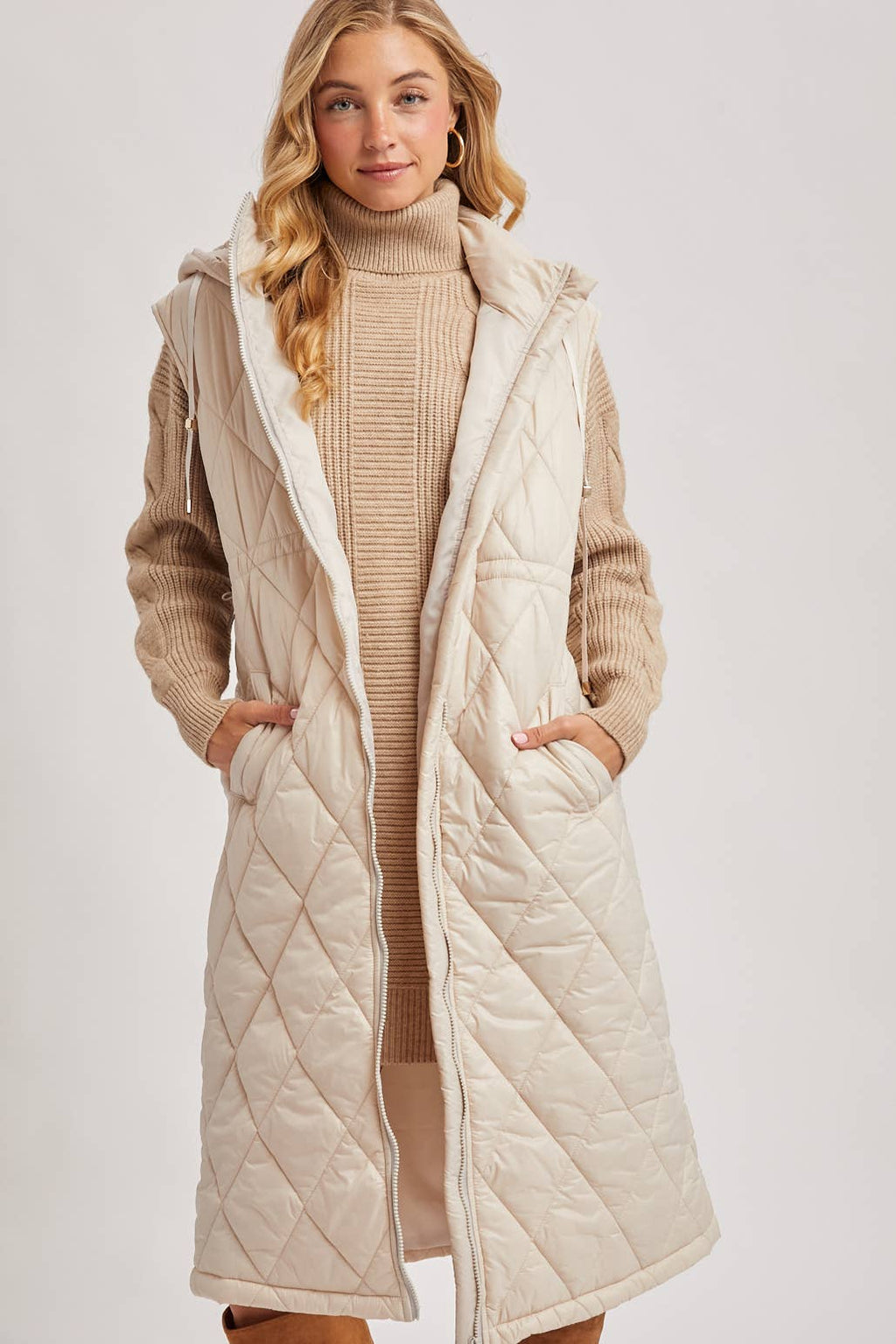 DIAMOND QUIT PUFFER LONG-LINE HOODED VEST