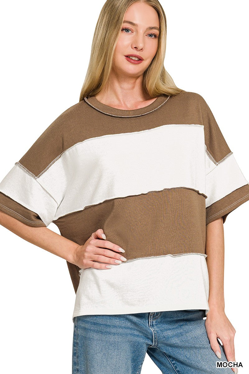 French Terry Color Block Exposed Seam Top