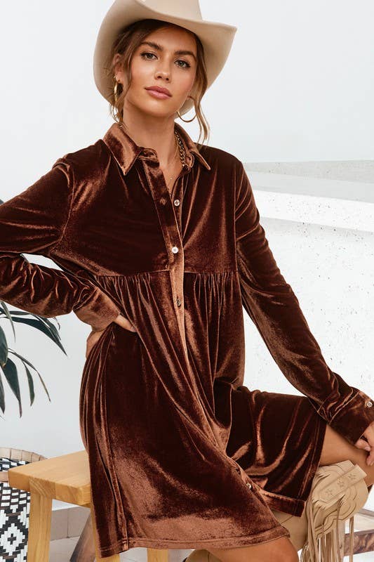 Soft Velvety Button Down Collar Fall Dress Halloween