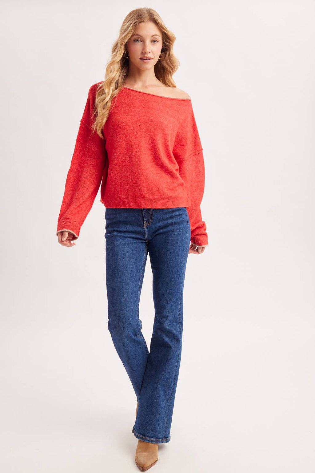 BOAT NECK ROLLED TRIM SOFT HEATHERED KNIT PULLOVER