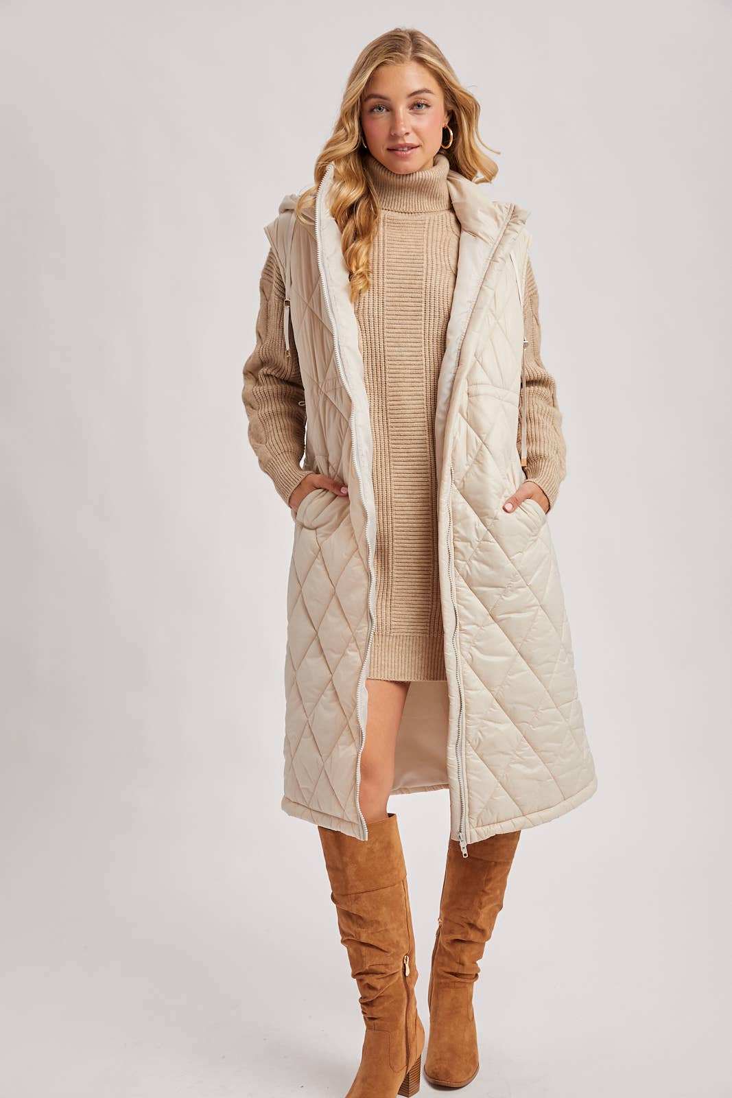 DIAMOND QUIT PUFFER LONG-LINE HOODED VEST