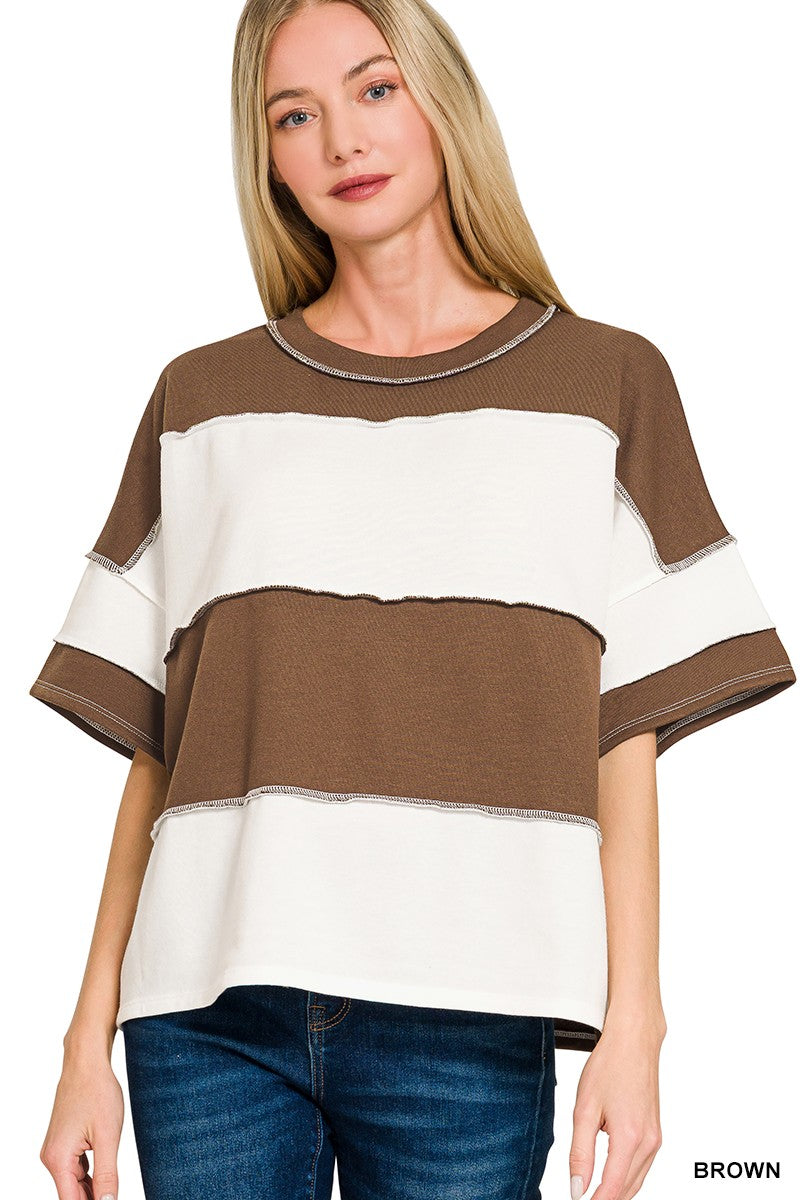 French Terry Color Block Exposed Seam Top