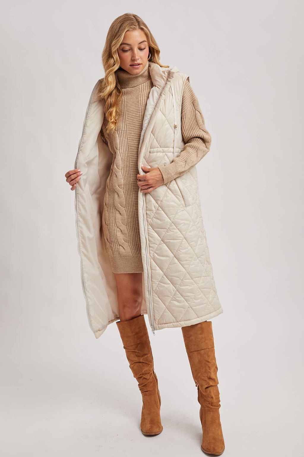 DIAMOND QUIT PUFFER LONG-LINE HOODED VEST