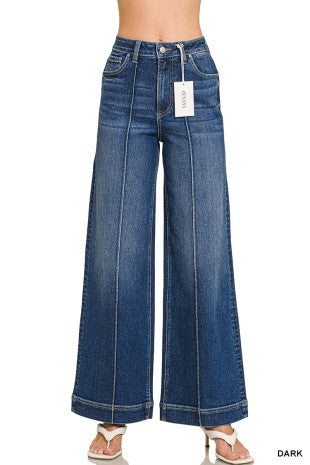 High Rise Wide Leg Pintuck Denim Pants