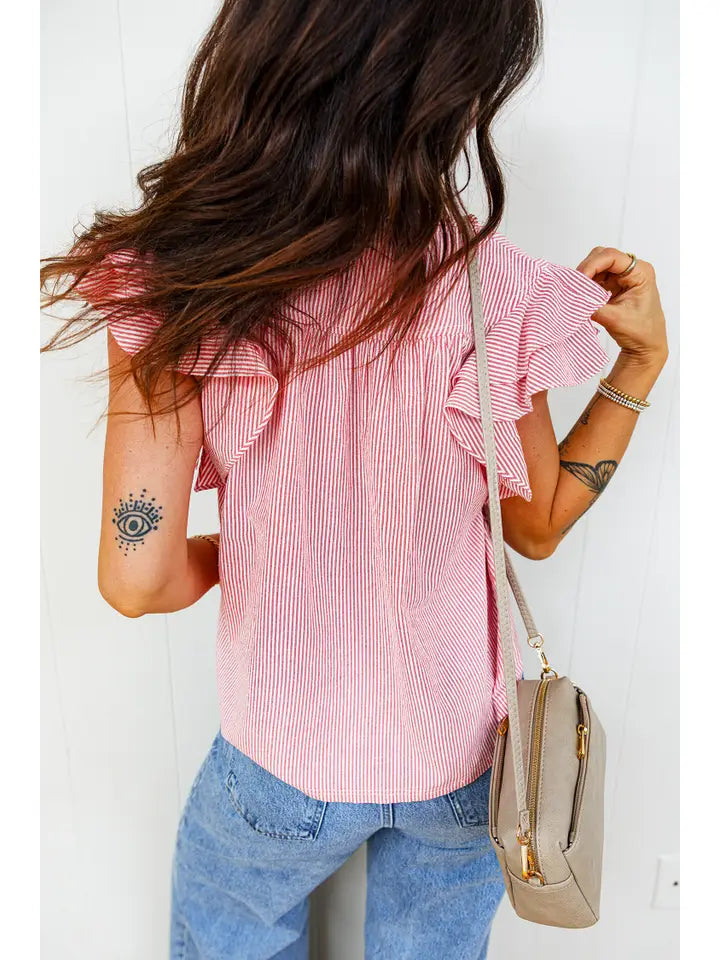 Stripe Frilly Split Neck Ruffled Short Sleeve Blouse